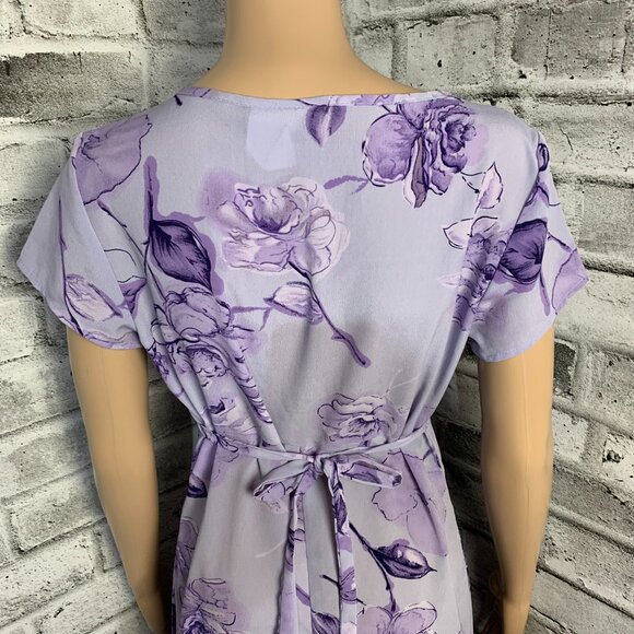 Vintage 90s Purple Floral Midi Dress Empire Waist Short Sleeve Tie Back - Picture 7 of 16
